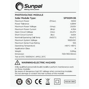 پنل خورشیدی سان پل مدل SP100M-36 ظرفیت 100 وات