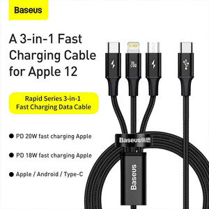 کابل تبدیل USB-C به لایتنینگ/USB-C/microUSB باسئوس مدل Rapid Series طول 1.5 متر