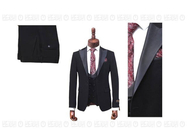 کت و شلوار کرپ گاباردین یقه ساتن مدل تک دکمه - دوچاک(دامادی) تیکن