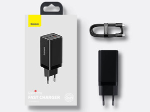 شارژر فست شارژ بیسوس BASEUS GaN3 Pro Fast Charger 2C+U 65W Black w/USB-C to USB-C cable (CCGP050101)