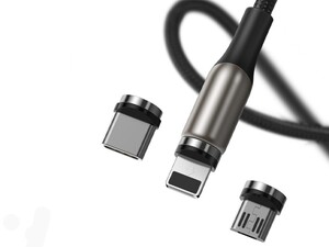 کیت کابل شارژ و انتقال داده 1 متری آهنربایی با سه کانکتور قابل تغییر (Type-C   Lightning   Micro USB) بیسوس Baseus Zinc Magnetic Cable Kit 1M (Type-c/Lightning/MicroUSB) دارای کانکتور های باکیفیت