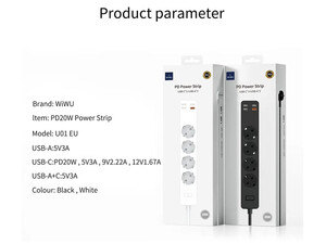 چند راهی برق 4 سوکت و 3 یو اس بی و 1 تایپ سی ویوو WiWU U01 Power Strip Socket With 4 AC 3 USB 20W PD