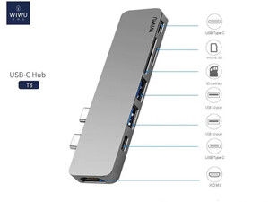 هاب تایپ سی 7 پورت ویوو WiWU T8 usb 3.0 connector type-c hub(PD/micro SD/SD Card slot/USB 3.0 port /HDMI)