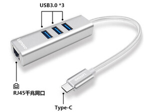 هاب تایپ‌سی با 4 پورت لنوو Lenovo USB3.0 Gigabit LAN Type C Hub C615