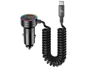 خرید شارژر فندکی دوپورت تایپ سی و یو اس بی و کابل تایپ سی 60 وات یوسامز USAMS US-CC167 C33 Car Charger 60W with Spring Cable