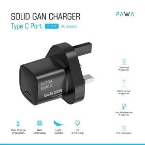 GAN CHARGER جامد Type C PortPD 20W استاندارد انگلستان - مشکی پاوا