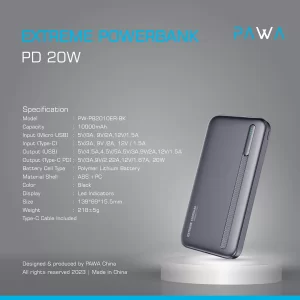 پاوربانک Extreme PD20W با ظرفیت 10000 میلی آمپر ساعت پاوا