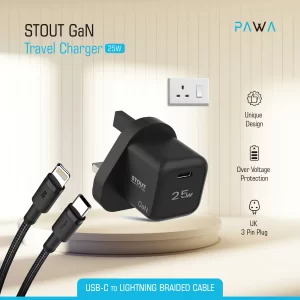 شارژر مسافرتی Stout GaN 25W استاندارد انگلستان با نوع C تا Lightning