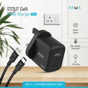 شارژر مسافرتی Stout GaN 45W استاندارد انگلستان با نوع C تا Lightning