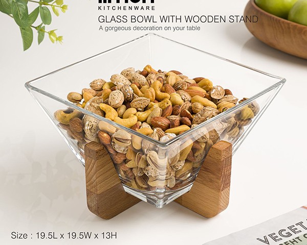 آجیل خوری شیشه ای پایه چوبی لیمون پلاستیک