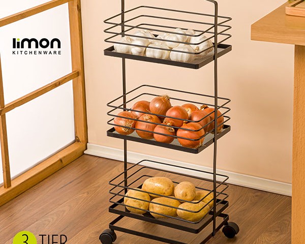 جا سیب زمینی و پیاز فلزی 3 طبقه دسته چوبی 2323