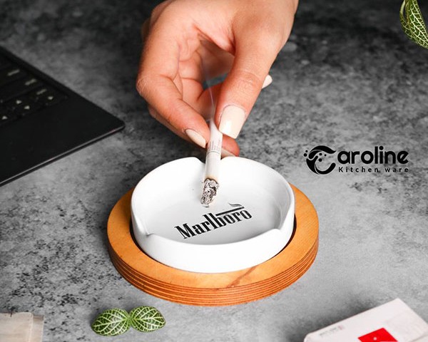 زیر سیگاری سرامیکی چاپ دار سفید کارولین