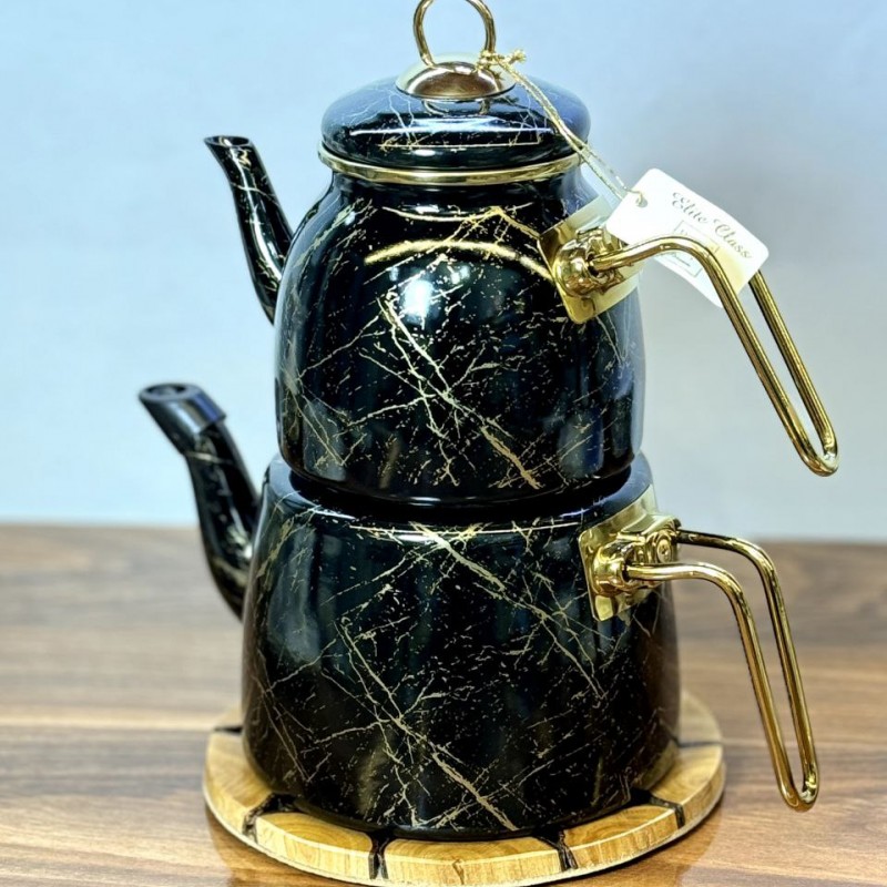 کتری قوری لعابی مشکی ماربل