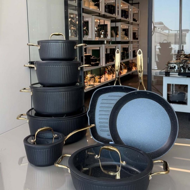 سرویس قابلمه آلما ۱۴پارچه با درب سيليكونى دستگیره طلایی ای