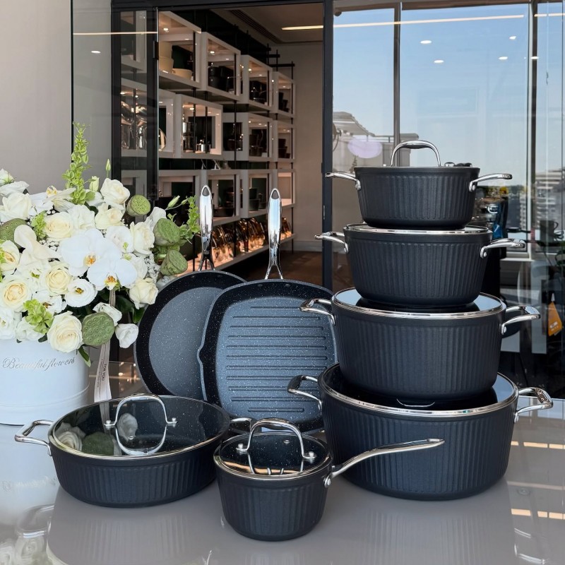 سرویس قابلمه 14 پارچه آلما مشکی  (kzp) دسته نقره ای