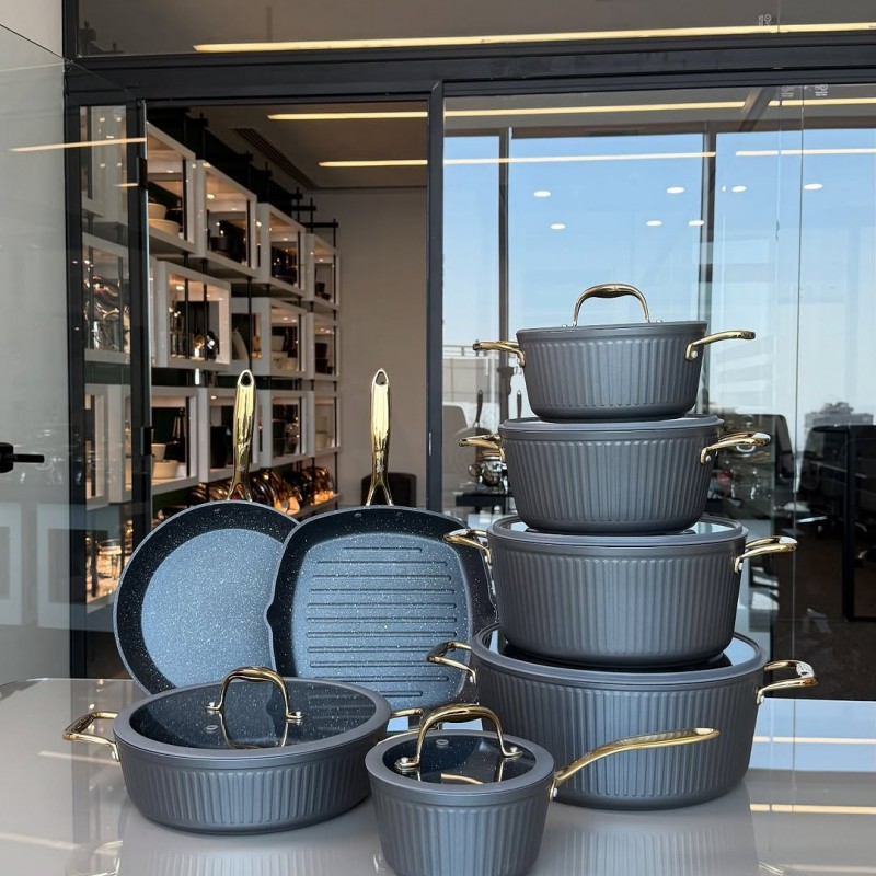 سرویس قابلمه آلما ۱۴پارچه با درب سيليكونى دستگیره طلایی