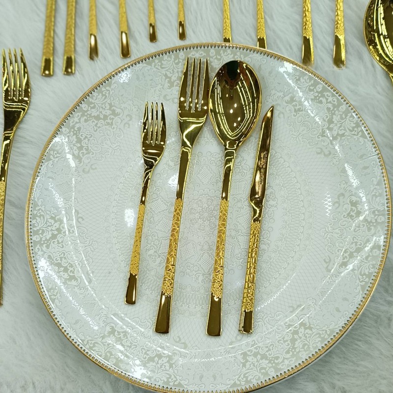 سرویس قاشق چنگال یونیک  24 نفره 120 پارچه مدل سنگی طلایی