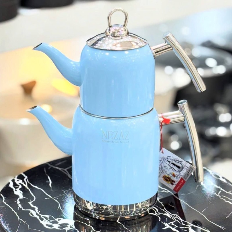 کتری قوری استیل نزاز آبی پاستیلی