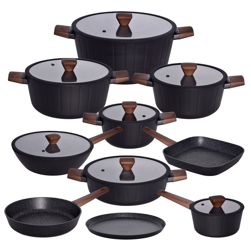 سرویس قابلمه و تابه 17 پارچه گرانیتی گری پن مدل دسته چوبی