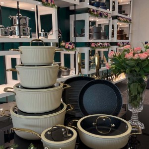 سرویس قابلمه آلما ۱۴پارچه با درب سيليكونى دستگیره طلایی ای