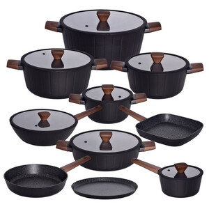 سرویس قابلمه و تابه 17 پارچه گرانیتی گری پن مدل دسته چوبی