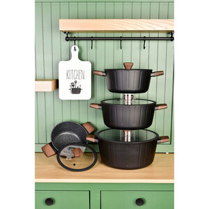 سرویس قابلمه و تابه 17 پارچه گرانیتی گری پن مدل دسته چوبی