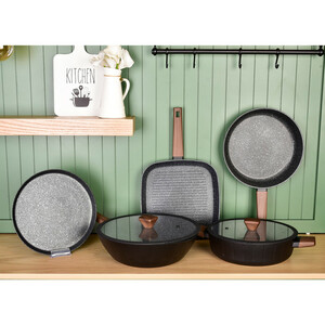 سرویس قابلمه و تابه 17 پارچه گرانیتی گری پن مدل دسته چوبی