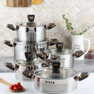 سرویس قابلمه و تابه استیل 10 پارچه ریور مدل دسته رز گلد کد TP3301