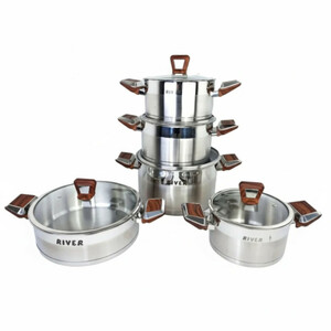 سرویس قابلمه و تابه استیل 10 پارچه ریور مدل دسته چوبی کد TP3302