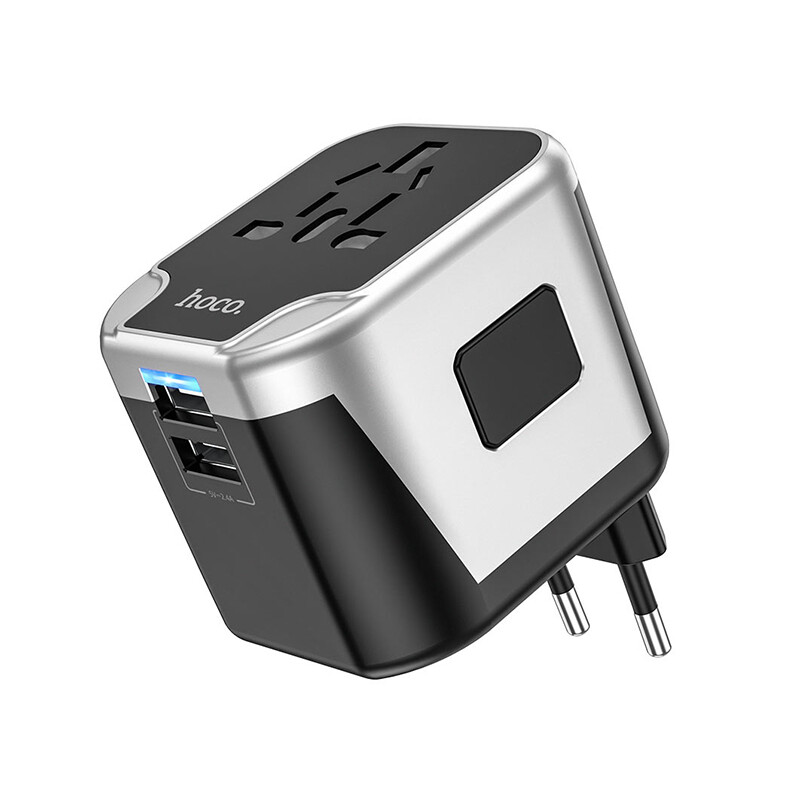 شارژر دیواری فست دو پورت یو اس بی و یک سوکت برق با دوشاخه های مختلف هوکو Hoco Wall charger AC5 Level