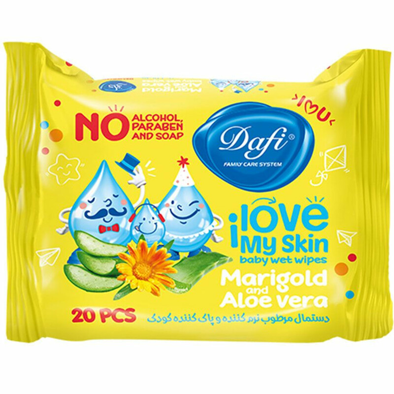 دستمال مرطوب کودک دافی Dafi مدل Marigold & Aloe Vera نرم کننده و پاک کننده 20 عددی