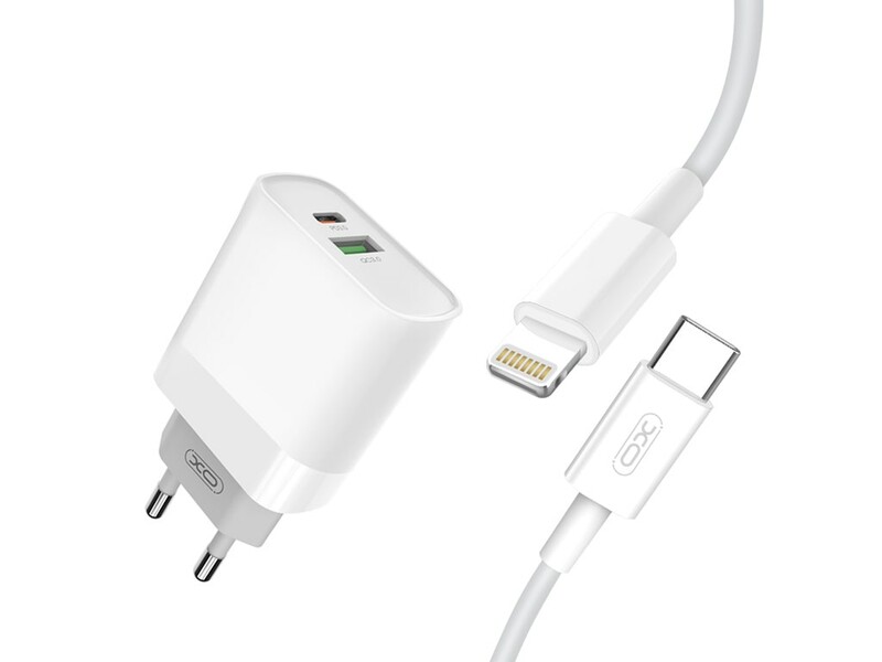 شارژر دیواری فست شارژ تایپ‌سی و یواس‎بی همراه کابل لایتنینگ ایکس‌او XO 18W FAST EU QC3.0+PD FAST charger with type-c fast cable iphon L64