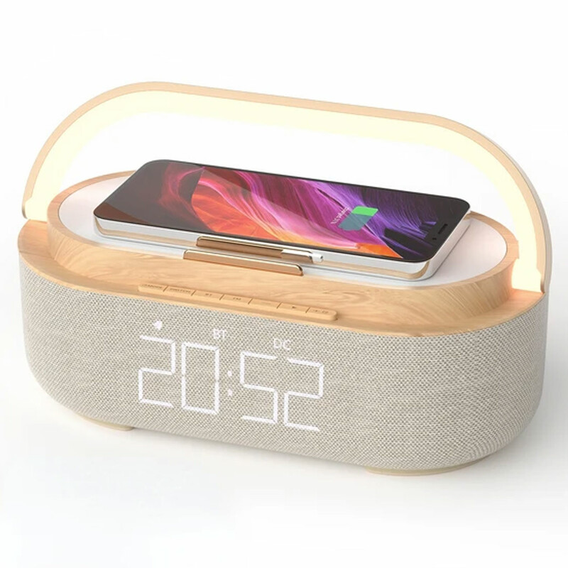 شارژر وایرلس 15 وات، اسپیکر بلوتوثی، هولدر موبایل، ساعت دیجیتال و چراغ خواب رومیزی S29