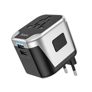 شارژر دیواری فست دو پورت یو اس بی و یک سوکت برق با دوشاخه های مختلف هوکو Hoco Wall charger AC5 Level