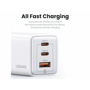 شارژر دیواری فست یو اس بی و تایپ سی 65 وات یوسامز USAMS US-CC180 ACC Three Ports GaN Charger EU Plug