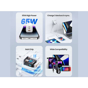 شارژر دیواری فست یو اس بی و تایپ سی 65 وات یوسامز USAMS US-CC180 ACC Three Ports GaN Charger EU Plug