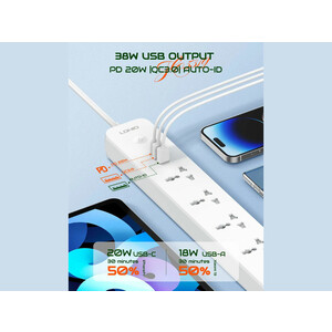 چند راهی برق پنج سوکت، دو یو اس بی و یک تایپ سی الدنیو LDNIO SC5319 5 Port + 3 USB Power Socket Plug Extension Wall Charger