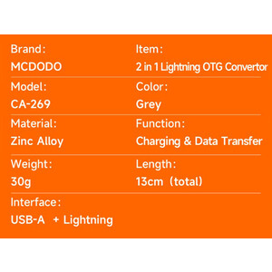 مشخصات تبدیل لایتنینگ به یواس‌بی مک‌دودو  Mcdodo CA-2690