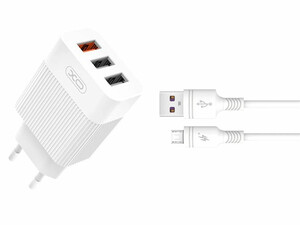 شارژر دیواری یو اس بی 2.1 آمپر و کابل شارژ میکرو یو اس بی یک متری ایکس او XO L72 EU Quick Charger 2.1A With 3 USB Ports And Micro cable