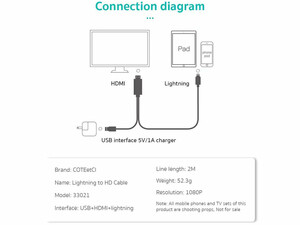 قیمت کابل چند سر اچ دی ام آی به لایتنینگ و یو اس بی 2 متری کوتتسی Coteetci HDMI to Lightning USB Cable 33021