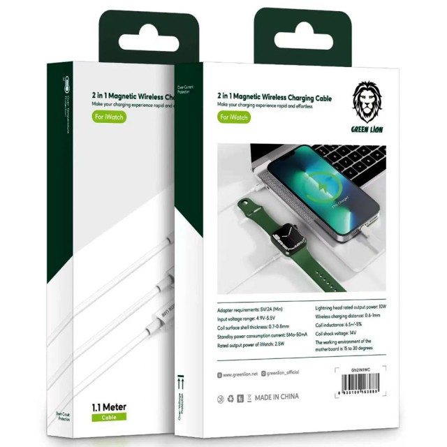 کابل 2 در 1 شارژر اپل واچ گرین لاین GN2IN1WC طول 1.1 متر توان 12.5 وات