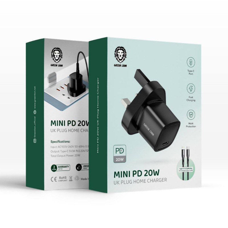 شارژر دیواری گرین لاین Mini PD 20W مدل GNMI20WHCLGBK توان 20 وات با کابل لایتنینگ