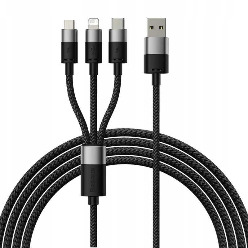 کابل شارژ سه سر بیسوس مدل CB000030 CAXS000001 طول 1.2 متر توان 3.5 آمپر