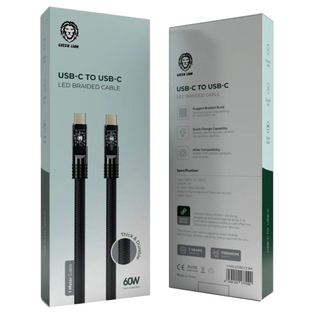 کابل شارژ USB-C به USB-C گرین لاین LED Braided طول 1 متر توان 60 وات