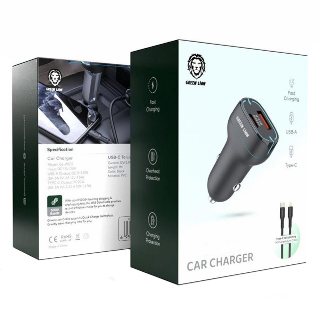 شارژر فندکی دو پورت PD+QC گرین لاین مدل GN38WPCTLCCBK توان 38 وات با کابل لایتنینگ