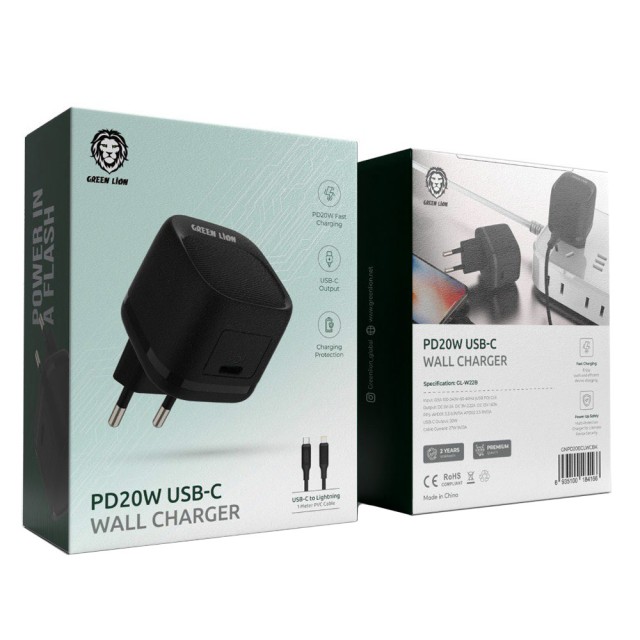 شارژر دیواری گرین لاین PD 20W مدل GNPD20ECLWCBK توان 20 وات با کابل لایتنینگ