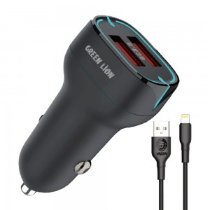 شارژر فندکی Dual Port QC3.0 گرین لاین مدل GN36WQCC2LBK توان 36 وات با کابل لایتنینگ