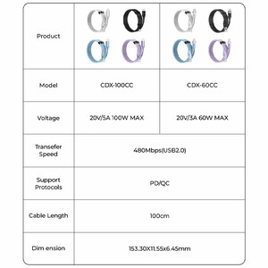 کابل شارژ USB-C به USB-C اوریکو مدل CDX-60CC طول 1 متر توان 60 وات