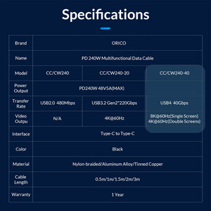 کابل شارژ USB-C به USB-C اوریکو مدل CDX-100CC طول 1 متر توان 100 وات