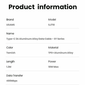کابل شارژ USB به Type-C یوسمز مدل SJ718 طول 1.2 متر توان 3 آمپر